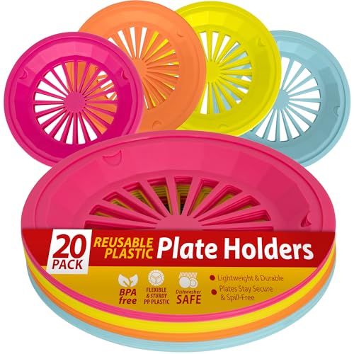 Besti Reusable Plastic Paper Plate Holders 10 Inch, 20 Piece Round Plastic Paper Plate Holder Set with Snap-In Grooves, Dishwasher Safe, 4 Assorted Colors