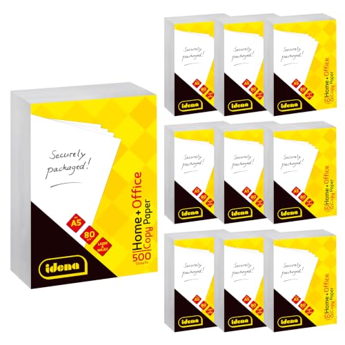 Idena 90951 - Kopierpapier DIN A5 10 Packungen je 500 Blatt 80g/m weißes Druckerpapier für Laser- & Inkjetdrucker