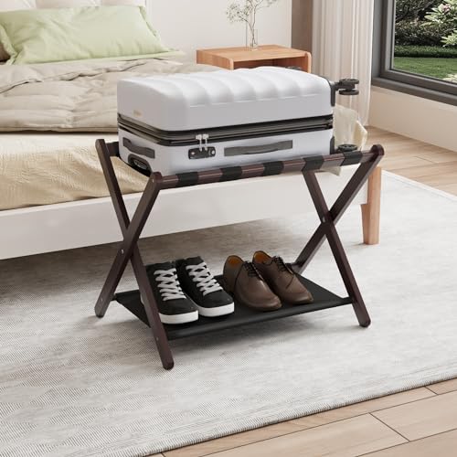 Smuxee Brown Bamboo Luggage Rack for Guest Room, Foldable Suitcase Stand with Storage Shelf, Easily Assembled Luggage Stand with 5 Nylon Straps for Guest Room Bedroom Hotel - Thumbnail 7