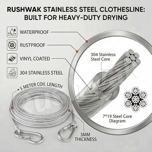Image of Rushwak Stainless Steel Clothes Drying Rope with Carabiner Hooks Heavy-Duty Rust-Proof Cloth Rope for Drying Clothes Steel Wire for Clothes Drying Hanging Portable Clothesline - 5 Meter (Pack of 2)