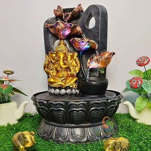 Image of Ganehsa Decorative Table Top Water Fountain for Home Decor /Office /Indoor & Outdoor /Garden /Puja Room /Vaastu with Multicolor LED Light and Adjustable Water Pump (Black & Gray D-22)