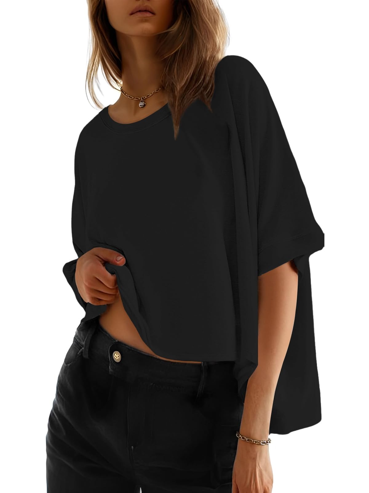 Cuptacc Tshirt Damen Oversize Top Sommer Crop Rundhals Kurzarm Lässig | Oberteil,Tshirt,Elegant,Locker,Alltag,Basic,Soft,Chic,Schlichtes,Lässig,Frühling