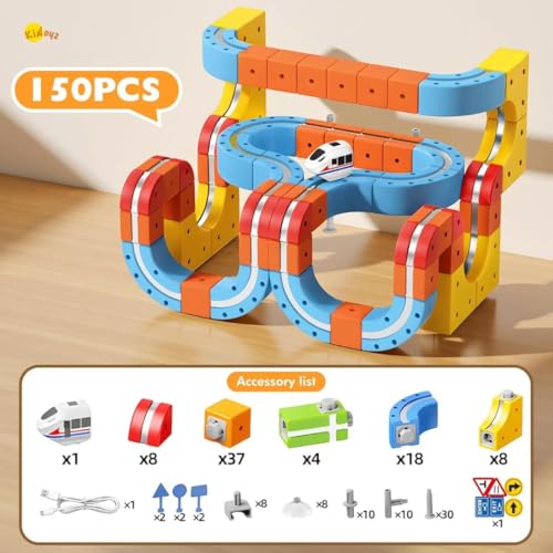 Image of Pampam Magnetic Electric Train Set for Kids 3-9 Years, 150 PCS STEM Building Blocks Race Track Toy, DIY Anti-Gravity, Boys & Girls