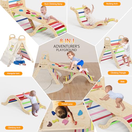Image of Sehloran Large Size 8 in 1 Pikler Triangle Set with Pinball Game and Tent for Kids, Foldable Toddler Climbing Toys Indoor, Natural Wooden Montessori Climbing Set Jungle Gym with Arch&Ramp&Ladder