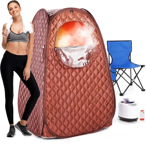 Steupoek Single Person Sauna, Portable Steam Sauna Full Body for Home Spa, Sauna Tent with Steamer 2.6L 1000W Steam Generator, 90 Minute Timer, Chair, Remote Control Included(Brown)