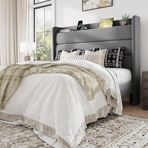Image of Allewie Queen Size Upholstered Bed Frame with Charging Station, Grey