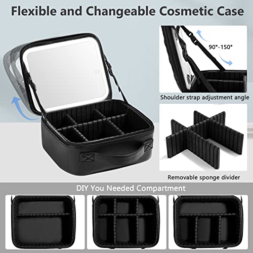 Peeh Travel Makeup Bag, Cosmetic Case Make Up Organizer Bag With Adjustable Lighted Mirror 3 Color And Detachable 10X Magnifying Mirror, Adjustable Dividers Makeup Train Case Gift For Women (Black) #TOP3