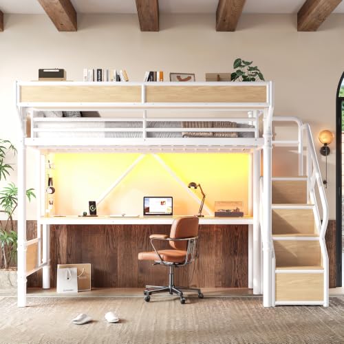 Image of Bellemave Twin loft Bed with Storage Stairs, Wardrobe, Shelves, Metal Twin Loft Bed Frame for Adults, Kids, Teens, White+Natural Wood with Stairs
