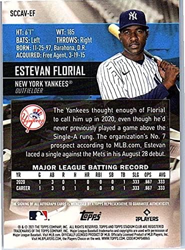 Estevan Florial On Card Autographed Rookie Card Collectible Baseball Card - 2021 Topps Stadium Club Chrome Baseball Card #SCCAV-EF (Yankees)
