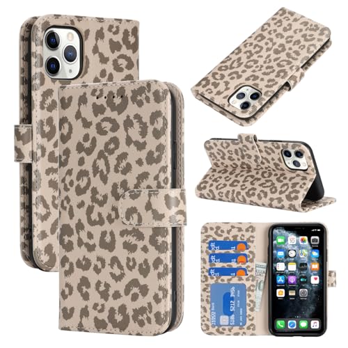 Image of for iPhone 11 Pro Max Case Wallet with Card Holder,for iPhone 11 Pro Max Wallet Case for Women Men,PU Leather Shockproof Magnetic Buckle Stand Flip Phone Case-Beige Leopard