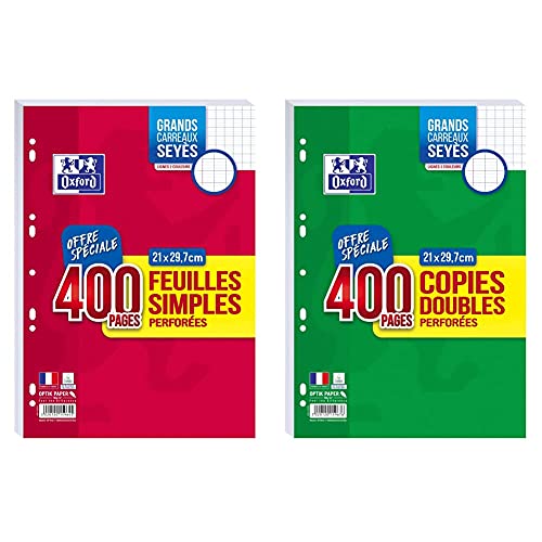 Oxford Lot de 400 Pages Feuilles Simples Grands Carreaux Seyès Format A4 (21x29,7cm) Perforées & Lot 400 Pages Copies Doubles Grands Carreaux Seyès Format...