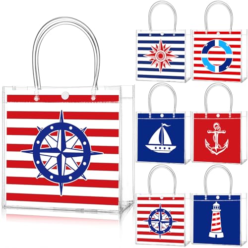 Image of Teenyyou 24 Pcs Nautical Clear Gift Bags with Handles Cruise Party Favors PVC Goodie Treat Candy Tote Plastic Gift Bags for Sailing Theme Birthday Party Supplies