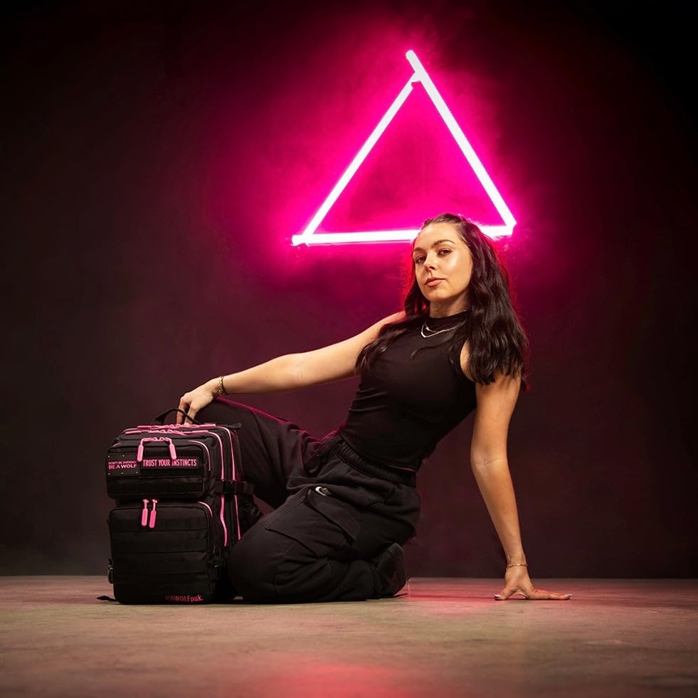 Image of WOLFpak 25L Athletic Gym Backpack (Black Neon Pink) Durable 1000D Waterproof Oxford Material with MOLLE Webbing, Laptop Pocket & Dual Cup Holders
