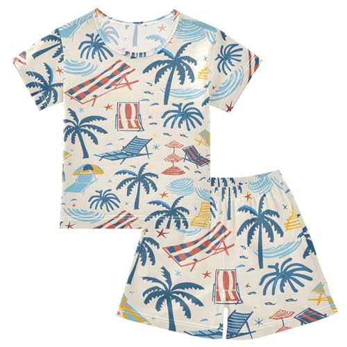 ALAZA Beach Palm Tree Fish Pajamas Short Sleeve 2 Piece Sleepwear Top and Bottom Pajama Set Unisex