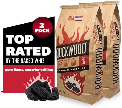 Rockwood Natural Hardwood Lump Charcoal - 20 Lbs Lump Charcoal for Grilling & Smoker - USA Oak, Hickory, and Cherry Wood Mix - BBQ Charcoal - Charcoal for Grilling - No Fillers (2 Packs)
