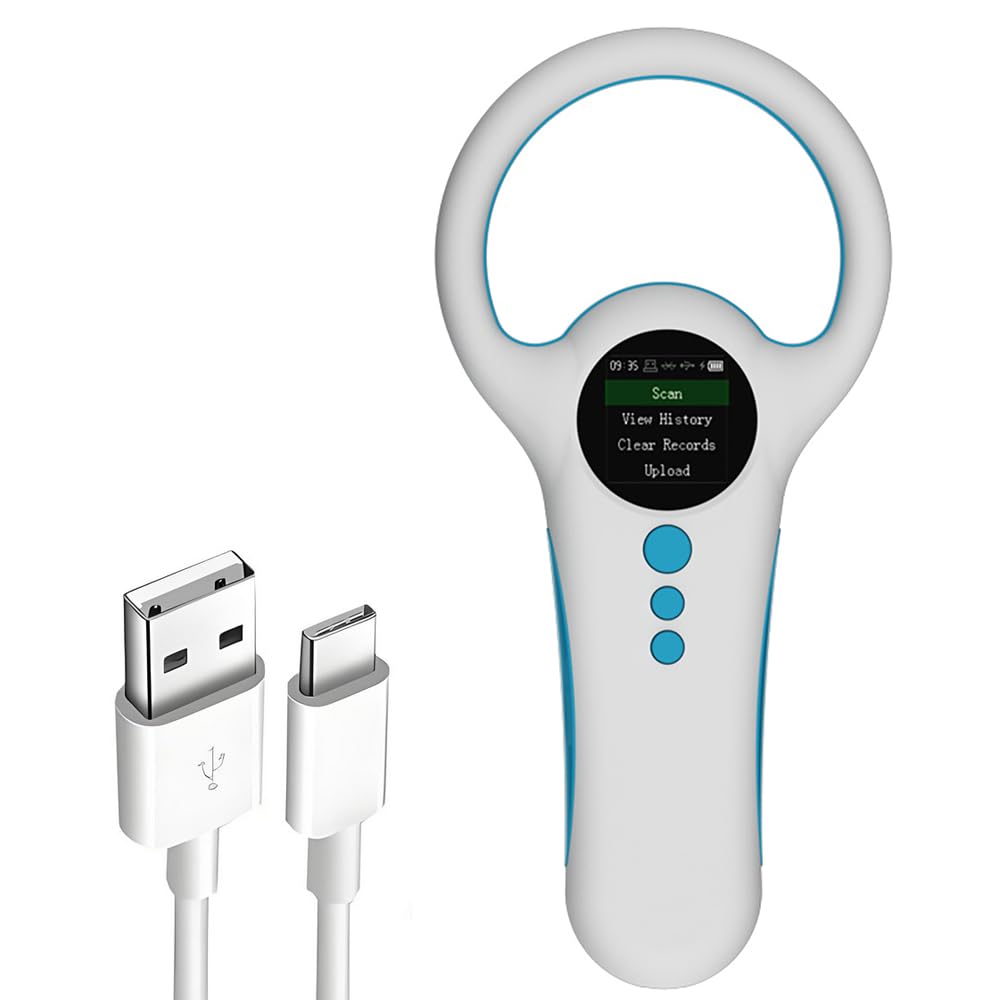 AHANIN Handheld Microchip Scanner Rechargeable Animal Chip ID Reader Support FDX-B ISO11784 / ISO11785 EMID with 1.44IN TFT Display