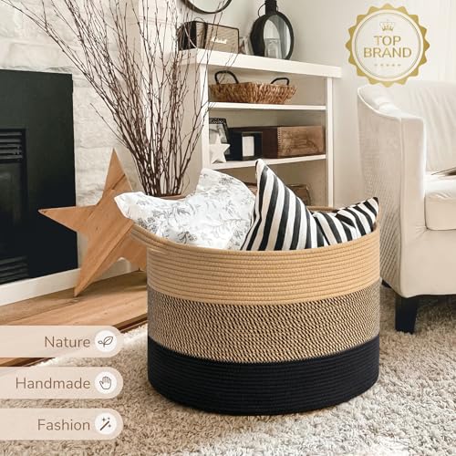 Image of INDRESSME XXXLarge Cotton Rope Basket 21.7 inch x 21.7 inch x 13.8 inch Woven Baby laundry Blanket Basket for Living Room Decor, Toy Storage Baskets for Kids Boys Girls, Camel Mix & Black
