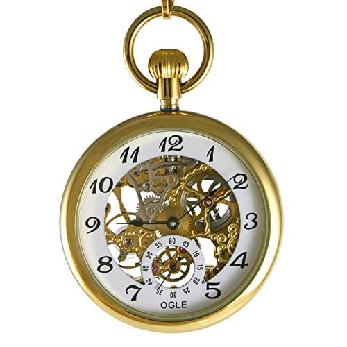 Image of OGLE 3ATM Waterproof Large Size Classic Skeleton Vintage Stainless Steel Case Fob Manual Winding Hand Wind Manual Mechanical Pocket Watch with Stainless Steel Chain