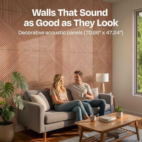 Image of XL Acoustic Wall Panels 6-Pack Decorative Acoustic Panels High Density Sound Absorbing Wall Art 70.86X47.24 Inches with Self-adhesive for Studio Home and Office - Teak Wood Finish