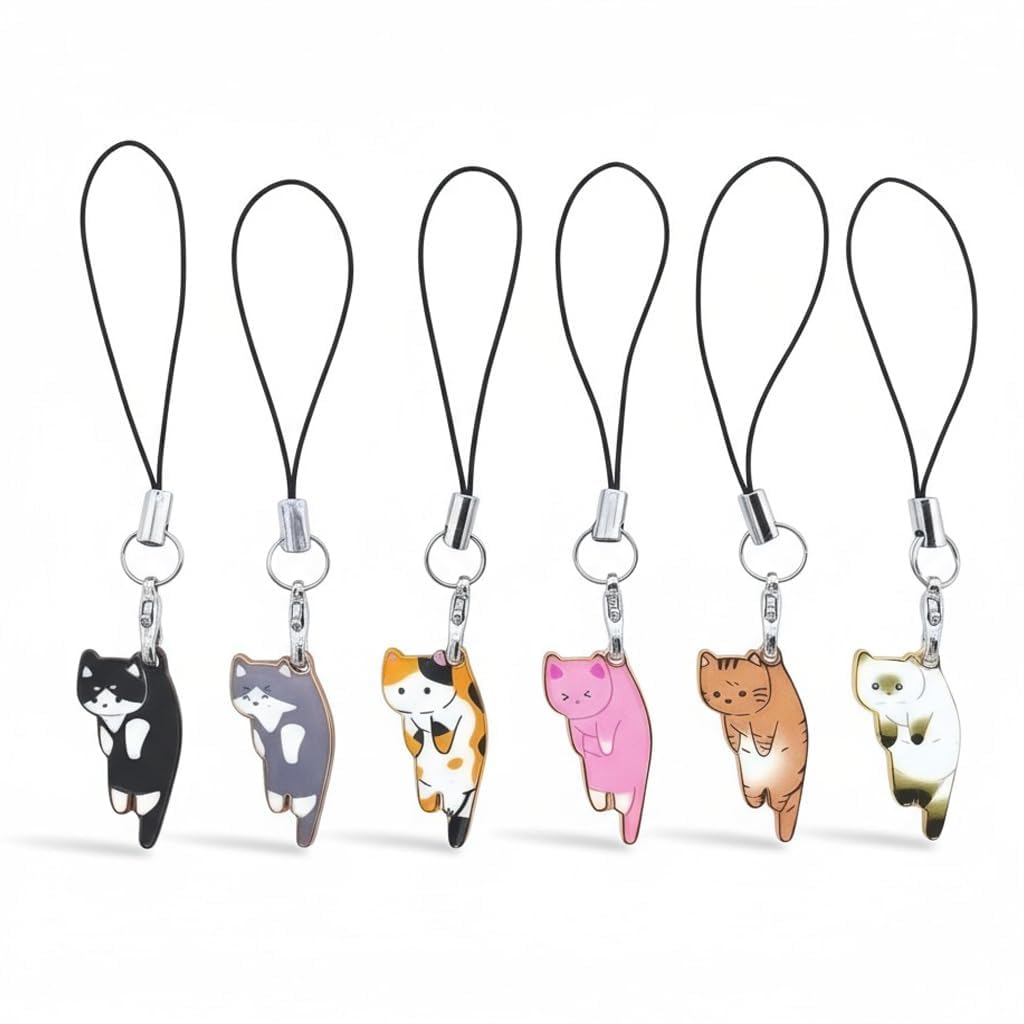 STORE 2508 Cute Cat Phone Charms Strap | Pack of 6 Cartoon Kitty Keychain Accessories | Multi Color Phone Strap for Bags Keys Mobiles | Adorable Cat Dangler Pendant for Women Girls Gift-image-40