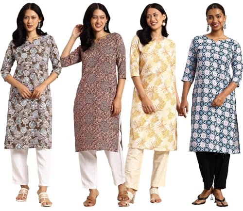 Image of JAKHANA Women's Crepe Printed Casual Straight Calf Length Round Nick Kurta Pack of 4