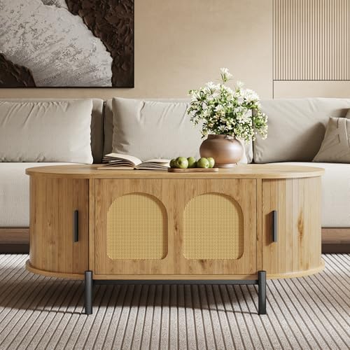 Merax Table basse ovale avec espace de rangement, aspect bois avec portes coulissantes en rotin et pieds en métal, table d'appoint moderne pour salon, 100 x...