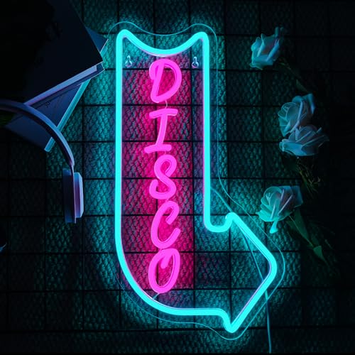 Image of Looklight Disco Neon Signs for Wall Decor Pink Blue LED Word Light Sign Right-Pointing Arrow Neon Light USB Light Up Letters Sign for Disco Lover Music Bar Music Studio Rec Room Bedroom Party Decor
