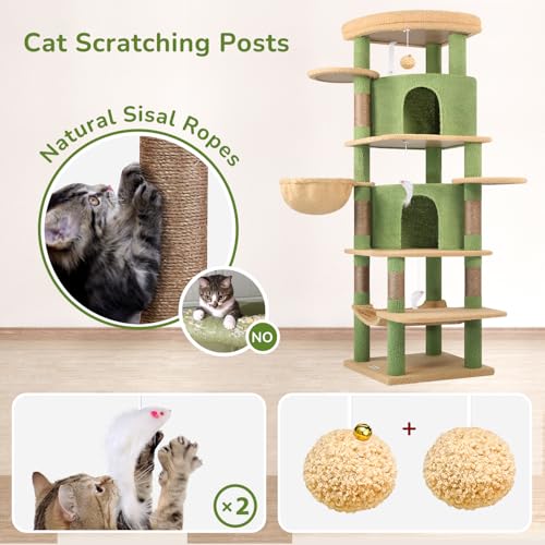 Image of Globlazer Cactus Corner Cat Tree Tower for Large Cat, 66inch Tall Large Cat Tree Condo for Multiple Indoor Cats with 6 Scratching Posts, 2 Spacious Cat Condos, Soft Hammock, Hanging Basket, C66, Green
