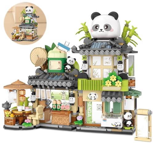 KBIBCK Panda Haus Mini Bausteine, MOC Kreatives Japanisches Spielzeug Modellset 6-12 Alter, 860 PCS Klemmbausteine Haus Toy Gift, Home Dekoration(Panda Teehaus)