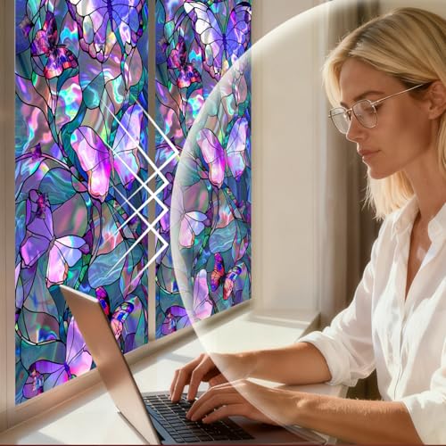 Image of Nuxovilar 17.7x39 Butterfly Stained Glass Window Film, Iridescent | Iridescent butterfly stained glass window film for privacy. Static cling PVC decal for cabinets and dividers.