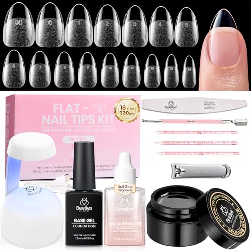 Beetles Gel Nail Kit Flat-X, Almond Short, 320pcs 16 Sizes Nail tips, with 15g Solid Nail Glue Gel, 10ml Glue Remover, 7.5ml Base Gel, Mini Lamp, for Acrylic Press On Nail, Extension DIY Set at Home