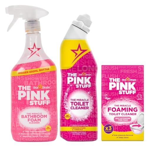 The Pink Stuff Set Limpieza Baño – Espuma Limpiadora 850ml + Gel WC 750ml + 3x Sobres Efervescentes – Antical, Brillo y Frescor – Vegano