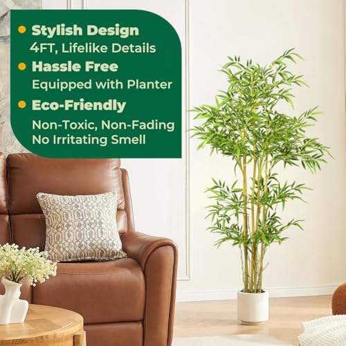 Image of Artificial Bamboo Plant with Pot, 150 cm (5 Ft) Tall, Realistic Faux Bamboo Tree for Home Decor, Indoor Decorative Plant for Living Room, Office, Bedroom & Reception