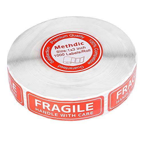 Methdic Fragile Stickers - 1"X 3" Strong Adhesive Fragile Labels 1 Roll/1000 Labels(Handle With Care ,Fragile) Stickers For Shipping And Moving #TOP2