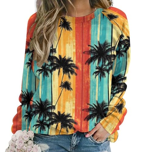 Sweat-shirt graphique pour femme col rond et manches longues au motif de feuillage exotique