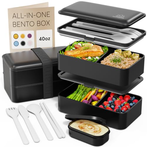 Image of Umami Bento Box Adult All-In-1 w /4 Utensils, Big Sauce Jar, 2 Dividers, 100% Leakproof, Microwave & Dishwasher Safe, Stackable Bento Lunch Box Containers for Men /Women, Matte Black, 40 oz