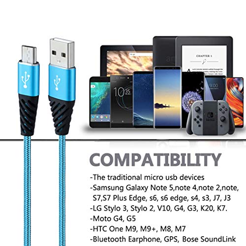 Teyssor Micro Usb Cable 6Ft 5-Pack Long Android Charger Cable Nylon Braided Cell Phone Charger Android Fast Charging Cord Compatible With Samsung Galaxy S6 S7 Edge J7,Lg,Htc,Motorola,Sony,Xbox,Blue #TOP1