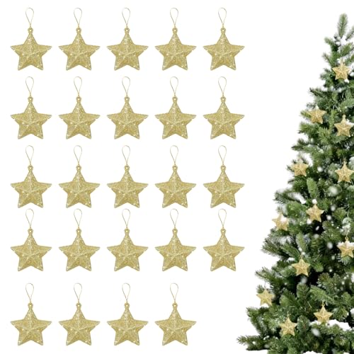 24 Unidades Adornos para árbol de Navidad con Estrellas Doradas, Decoraciones navideñas, Estrellas Doradas 5 cm Adornos árbol de Navidad Ligeros Brillantes para Fiestas y hogar