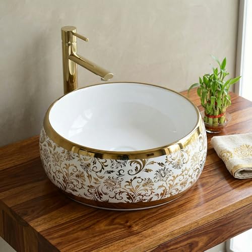 Image of InArt Designer Ceramic Wash Basin /Vessel Sink /Over or Above Counter Top Wash Basin for Bathroom Round Shape Golden White 16 x 16 x 6 Inch