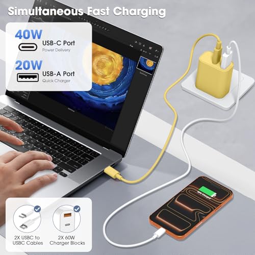 iPhone 17/16/15 Pro/Pro Max Charger, Dual Port USB-C Wall Charger with PD 40W & QC 20W Fast Charging, 10FT USB-C Cable for iPhone, iPad Pro, MacBook M1/M2/M3, Android (Yellow, 10 FT) — view 4