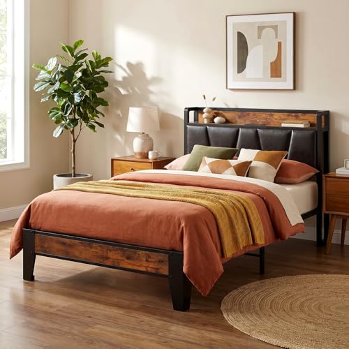 Image of LIKIMIO Twin Bed Frame, Storage Headboard with Charging Station, Solid and Stable, Noise Free, No Box Spring Needed, Easy Assembly (Vintage and Black)