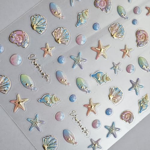 Image of Ocean Nail Stickers Conch Shell Starfish Nail Art Decals with Gold Design 5D Embossed Self Adhesive Nail Stickers Manicure Accessories Supply for Women Girls Kid Nails Charms