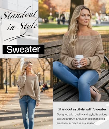 Image of MARZXIN Women's 2026 Fall Long Sleeve Sweaters Casual Loose Striped Off Shoulder Casual Oversized Knitted Sweater Pullovers
