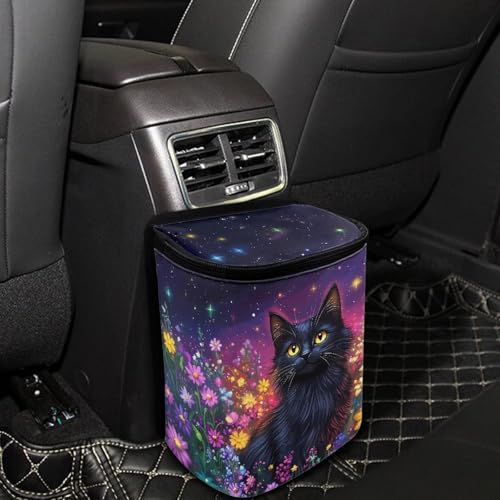 Image of Talayituse Cat Daisy Galaxy Print Car Trash Can with Lid, Leak Proof Auto Trash Bag Hanging Vehicle Garbage Can Multipurpose Storage Container for Back Seat Road Trip