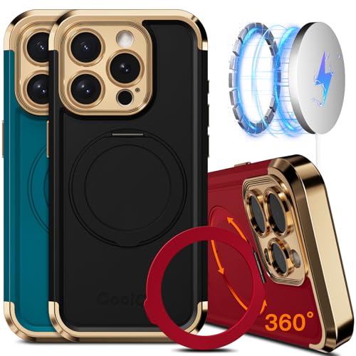 COOLQO for iPhone 15 Pro Max Case 6.7'' Upgraded 360° Spin Magnetic Stand [Compatible with Magsafe][Military Protection] Shockproof Protective Phone Holder Cover for iPhone 15 Pro Max, Black Gold