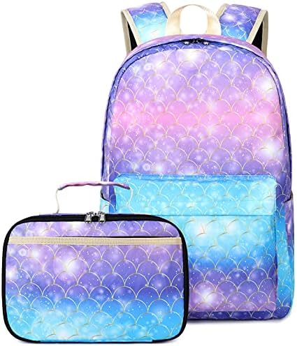 JIANYA Backpack for Girls School Backpacks Lunch Box Set Mermaid Scales Teen Girl Bookbag School Bag