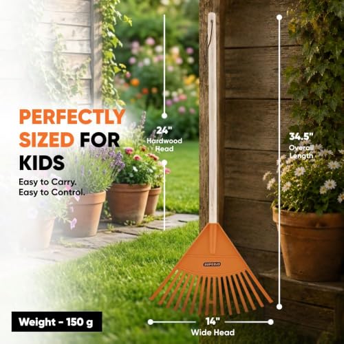 Image of Superio Kids Rake with Hardwood Handle, Durable Plastic Head to Sweep Leaves in Lawn and Tidying Up The Garden, 34 inch