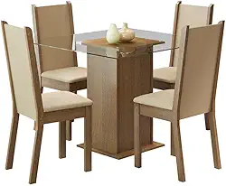 Conjunto Sala de Jantar Madesa Aline Mesa Tampo de Vidro com 4 Cadeiras - Rustic/Crema/Pérola