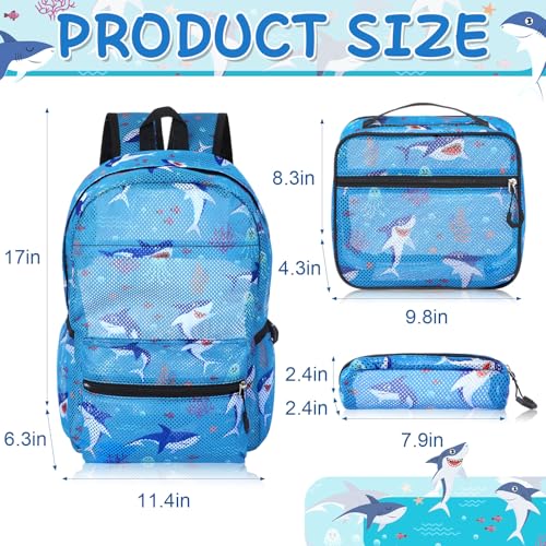 3 Pack Mesh Backpack for Kids with Lunch Bag and Pencil Case Boys Girls School Travel Beach Gym Sports Bookbag (Shark)2