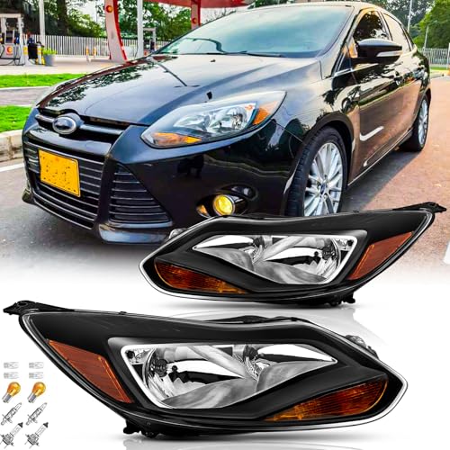 Headlights Assembly Pair with Bulbs for 2012 2013 2014 Ford Focus S SE ST SEL Halogen Head Lamps Replacement Driver and Passenger Side Black Housing Amber Reflector